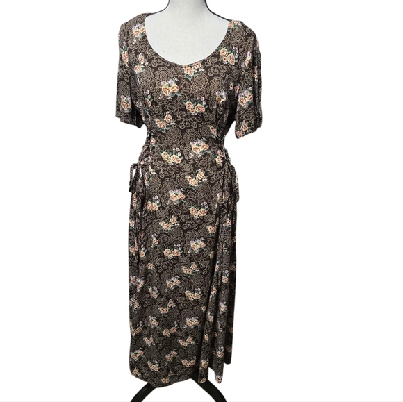 Vintage Floral Brown Tie Hips Front Midi Sundress - Picture 6 of 11
